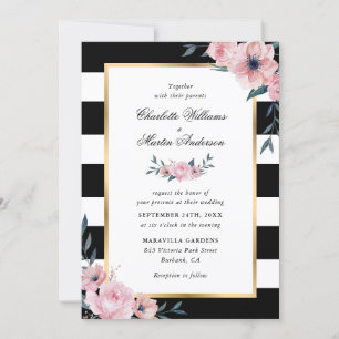 Pink Floral Elegant Black White Striped Wedding Invitation