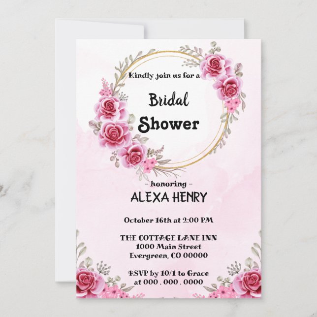 Pink floral Elegant Boho greenery watercolors,girl Invitation (Front)