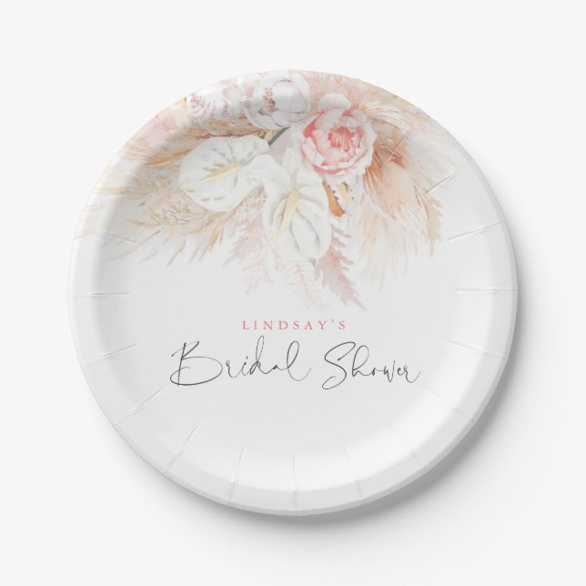 Pink Floral Elegant Botanical Bridal Shower Paper Plate (Front)