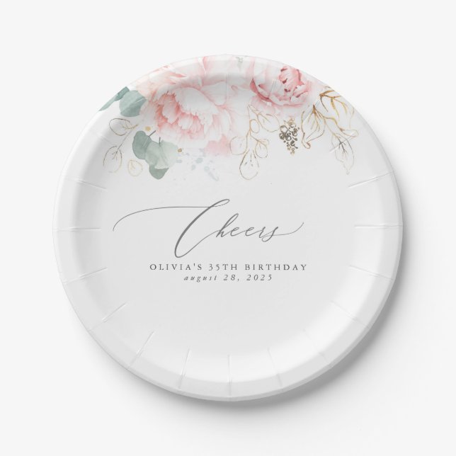 Pink Floral Elegant Botanical Paper Plate (Front)