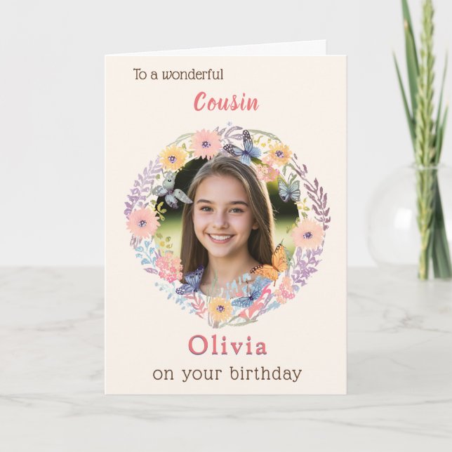 Pink Floral Elegant Female Cousin Photo Birthday Card (Front)