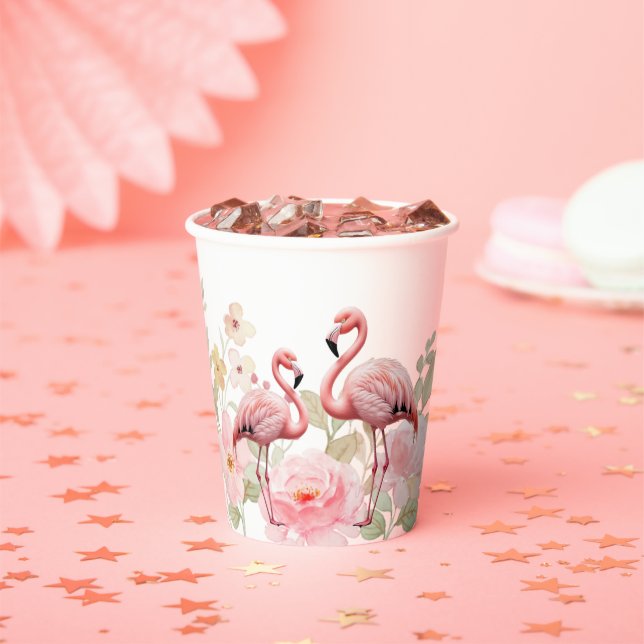 Pink Floral Elegant Flamingo Baby Shower Paper Cups (Insitu)