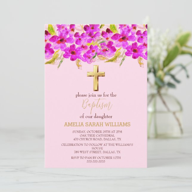 Pink Floral Elegant Gold Cross Baby Girl Baptism  Invitation (Standing Front)