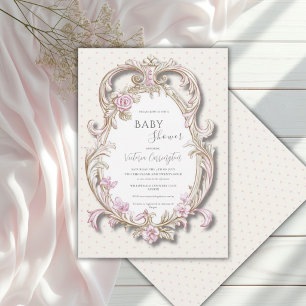 Pink Floral Elegant Gold Frame Baby Shower Invitation