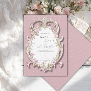 Pink Floral Elegant Gold Frame Baby Shower Invitation