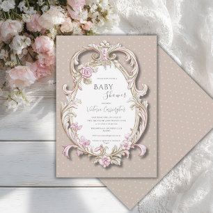 Pink Floral Elegant Gold Frame Baby Shower Invitation