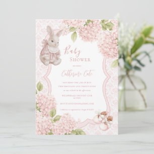 Pink Floral Elegant Hydrangea Vintage Bunny Invitation