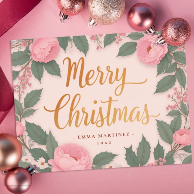 Pink Floral Elegant Merry Christmas Holiday Card (Floral Christmas Card)