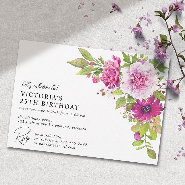 Pink Floral | Elegant Modern Any Age Birthday Invitation (Creator Uploaded)