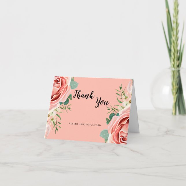 Pink Floral Elegant Modern Flowers Wedding Thank You Card (Front)