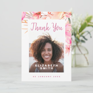 Pink Floral Elegant Modern Photo Thank You Card