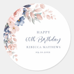 Pink Floral Elegant Script 60th Birthday Any Age Classic Round Sticker