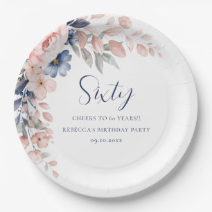 Pink Floral Elegant Script 60th Birthday Paper Plate