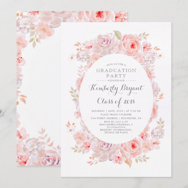Pink Floral | Elegant Vintage Graduation Party Invitation (Front/Back)