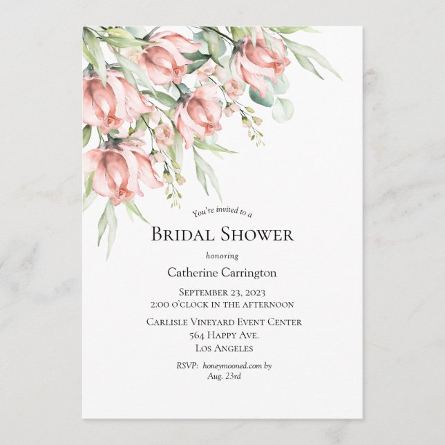 Pink Floral Elegant Watercolor Bridal Shower Invit Invitation (Front)