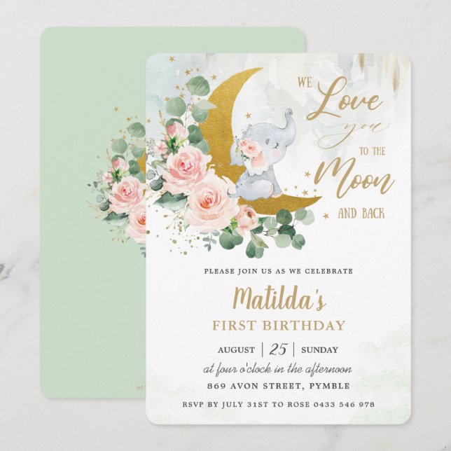 Pink Floral Elephant 1st Birthday Crescent Moon  Invitation (Front/Back)