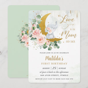 Pink Floral Elephant 1st Birthday Crescent Moon  Invitation