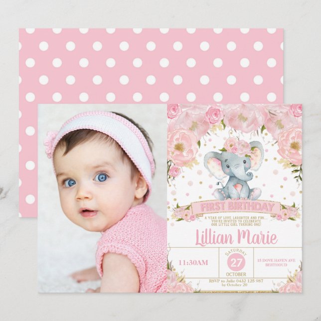 Pink Floral Elephant 1st Birthday Girl Photo Invitation (Front/Back)
