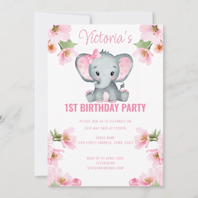 Pink Floral Elephant 1st Birthday Invitation (Front)