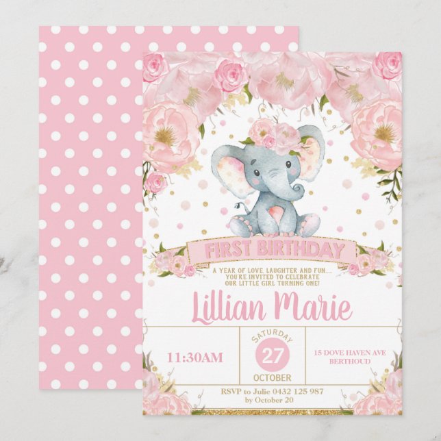 Pink Floral Elephant 1st Birthday Invitation Girl (Front/Back)