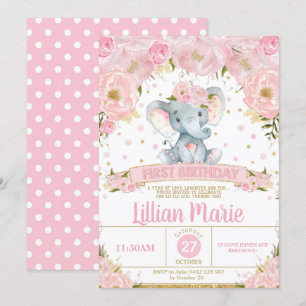 Pink Floral Elephant 1st Birthday Invitation Girl