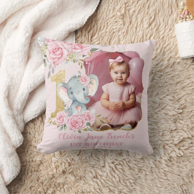 Pink Floral Elephant 1st Birthday Photo Keepsake Cushion (Blanket)
