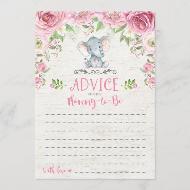 Pink Floral Elephant Advice Card Baby Shower Game (Front)
