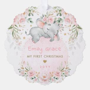 Pink Floral Elephant Baby First 1st Christmas Tree Decoration Card