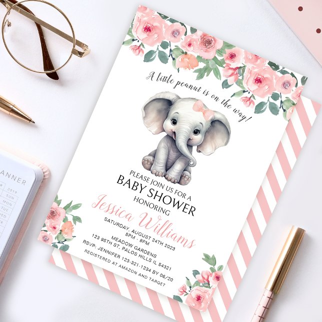 Pink floral elephant baby girl shower invitation (Creator Uploaded)