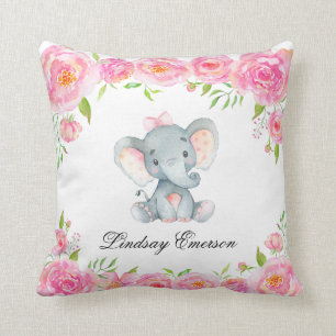 Pink Floral Elephant Baby Nursery Throw Pillow