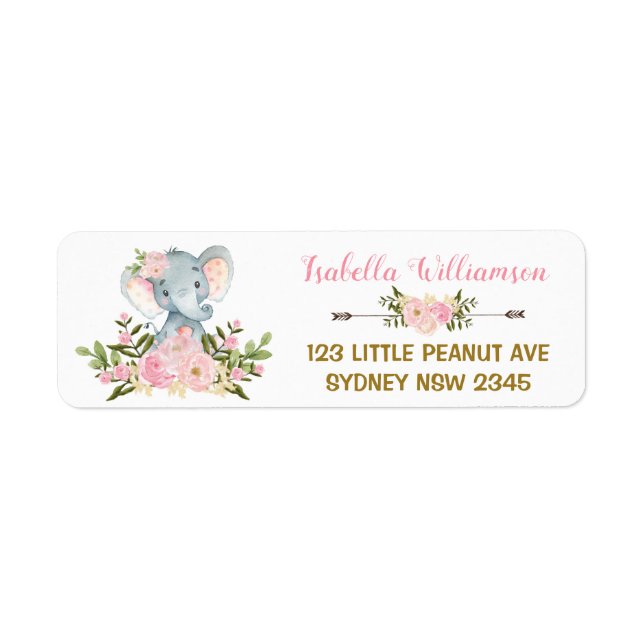 Pink Floral Elephant Baby Shower Address Label (Front)