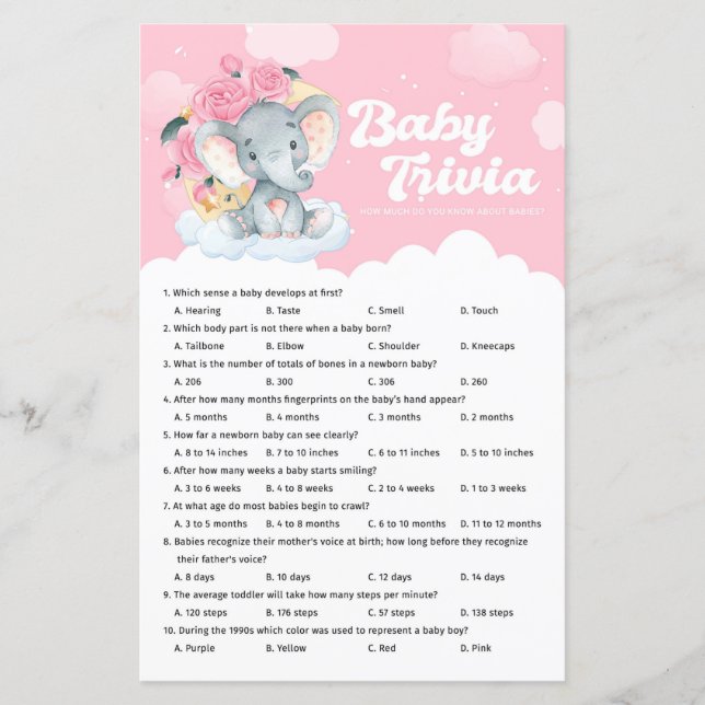 Pink Floral Elephant Baby Shower Baby Trivia Game (Front)