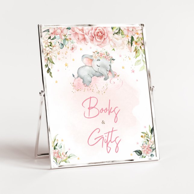 Pink Floral Elephant Baby Shower Books and Gifts Poster (Pink Floral Sleeping Elephant Baby Shower Books and Gifts Sign)