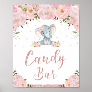 Pink Floral Elephant Baby Shower Candy Bar Sign