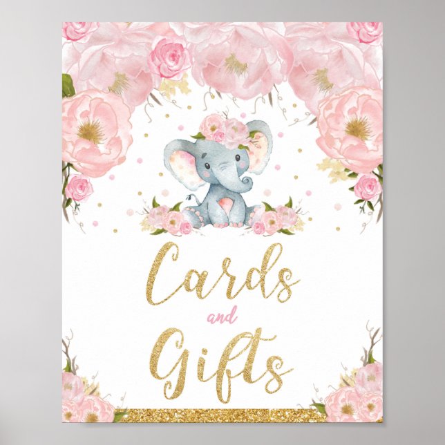 Pink Floral Elephant Baby Shower Cards Gifts Sign (Front)