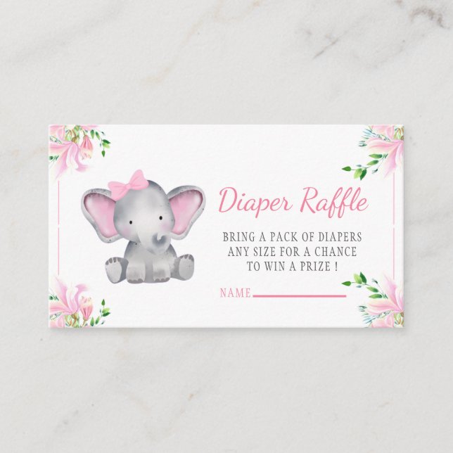 Pink Floral Elephant Baby Shower Diaper Raffle  Enclosure Card (Front)