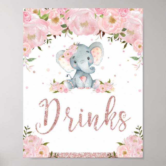 Pink Floral Elephant Baby Shower Drinks Sign Decor (Front)