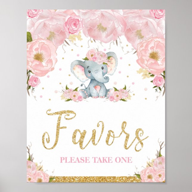 Pink Floral Elephant Baby Shower Favors Sign (Front)