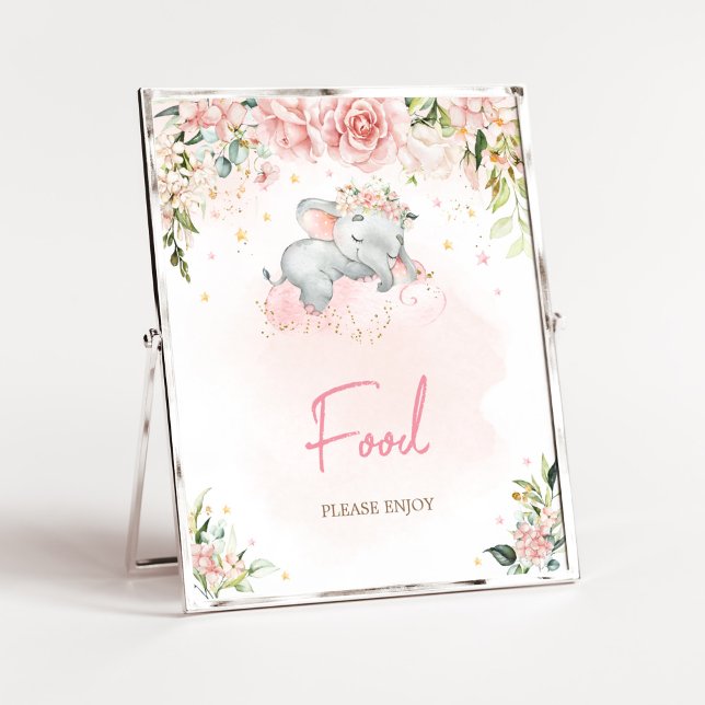 Pink Floral Elephant Baby Shower Food Poster (Pink Floral Sleeping Elephant Baby Shower Food Sign)