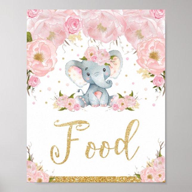 Pink Floral Elephant Baby Shower Food Sign Decor (Front)