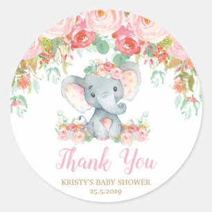 Pink Floral Elephant Baby Shower Girl Favours Classic Round Sticker