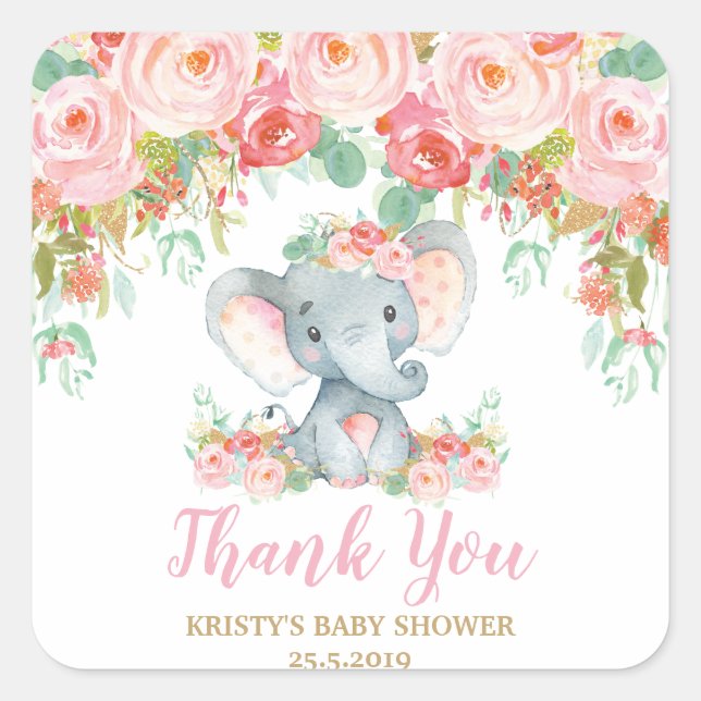 Pink Floral Elephant Baby Shower Girl Favours Square Sticker (Front)