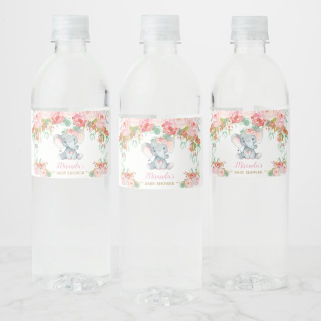 Pink Floral Elephant Baby Shower Girl Water Bottle Label (Bottles)