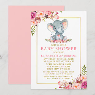 Pink Floral Elephant Baby Shower Gold Frame Invitation
