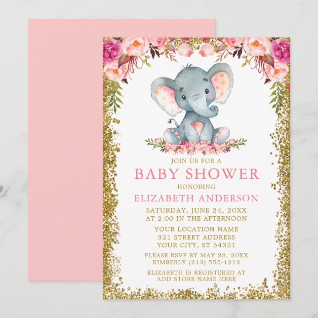 Pink Floral Elephant Baby Shower Gold Glitter Invitation (Front/Back)