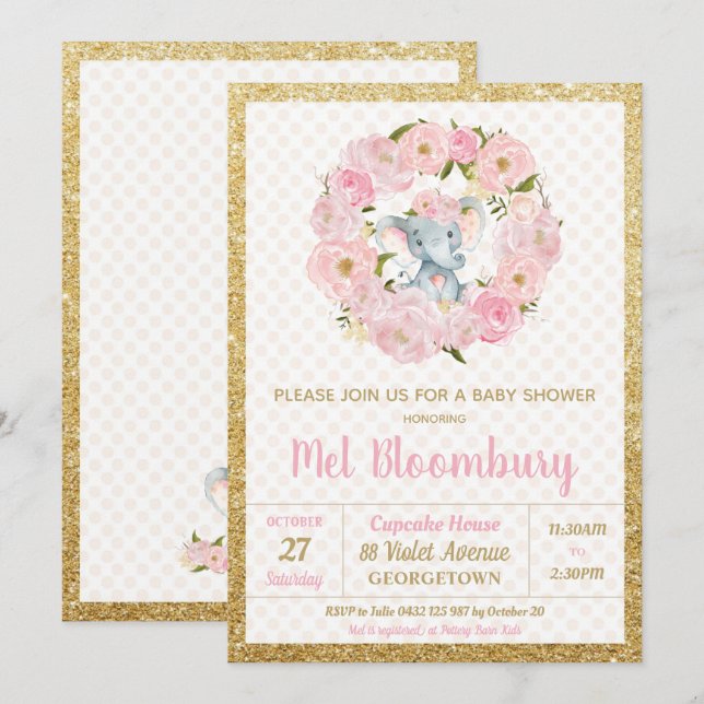 Pink Floral Elephant Baby Shower Invitation Girl (Front/Back)