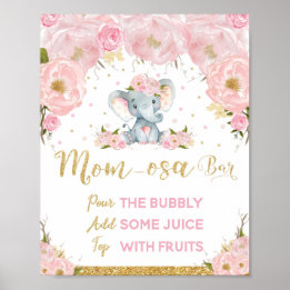 Pink Floral Elephant Baby Shower Mum-osa Bar Poster