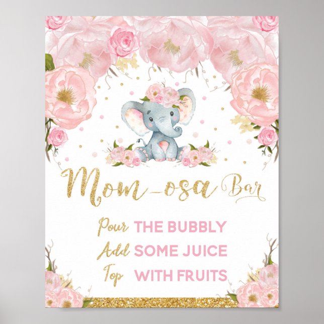 Pink Floral Elephant Baby Shower Mum-osa Bar Poster (Front)
