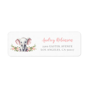 Pink Floral Elephant Baby Shower Return Address