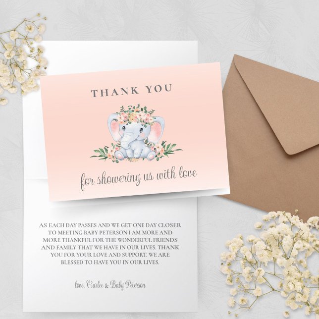 Pink Floral Elephant Baby Shower Thank You Card (Elephant Baby Shower Thank You Cards for Sweet Baby Girl with Pink Peach Floral and Greenery)